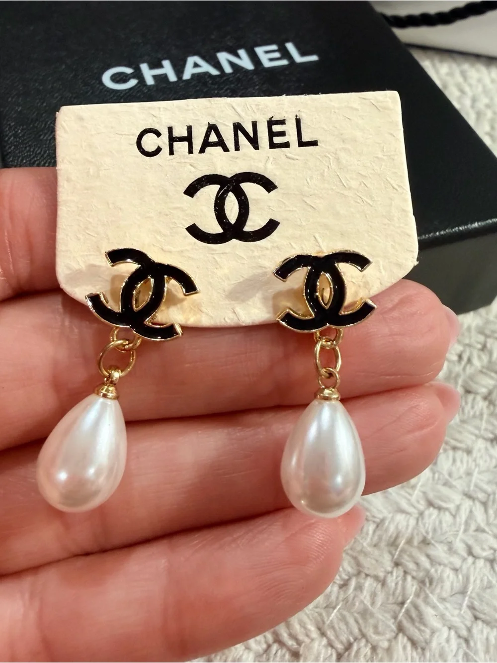 Black Enamel CC Faux Pearl Drop Earrings Gold Tone | New + Mini Storage Box
